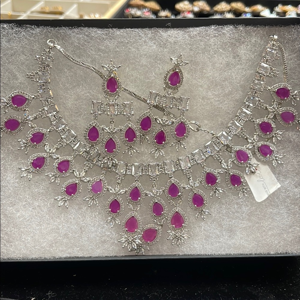 Elegant Silver and Purple  American Diamond Jewelry Set